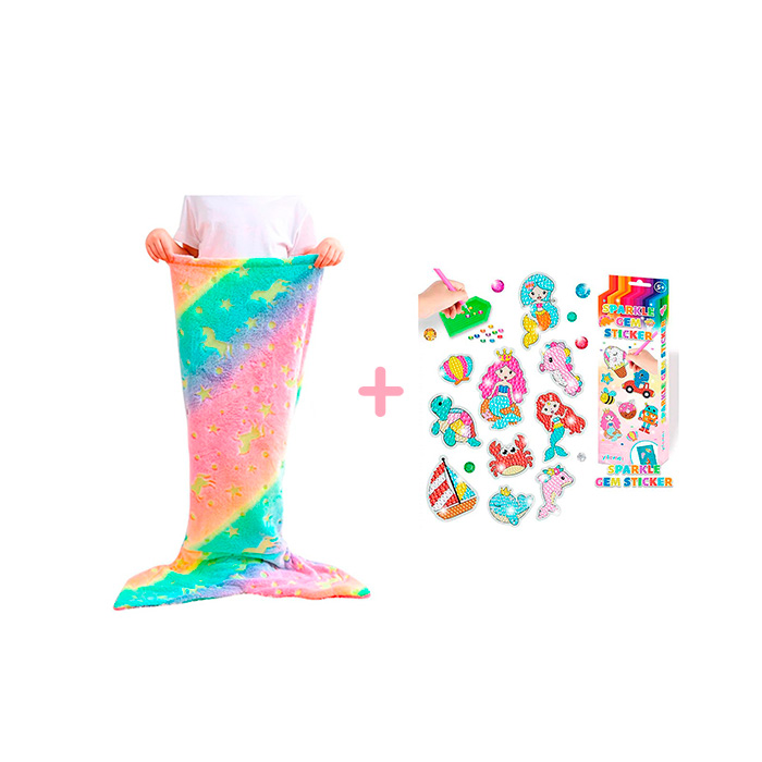 W zestawie SparkleMermaid znajdują się 2 zabawki - koc w kształcie syrenki dla dziewczynki i zestaw do tworzenia diamentów i naklejek!